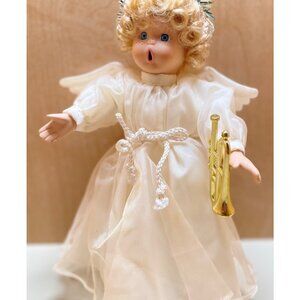 Vintage Porcelain Angel Doll with Gold Horn & Halo White Dress with Wings 10" Co